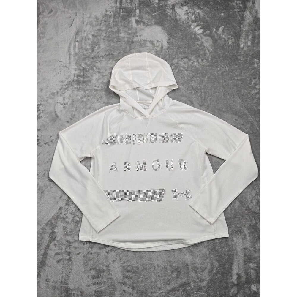 Under Armour White Mesh Pullover Hoodie Logo Women's SM Loose Fit Long Sleeve